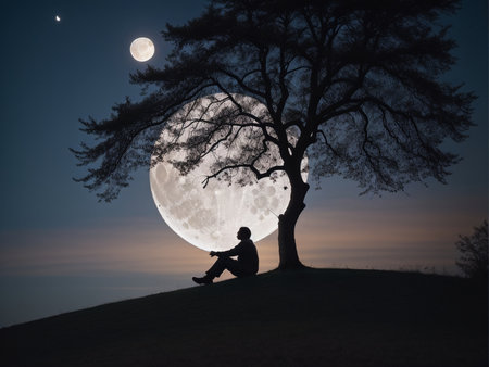 a person sitting under a tree under a full moon, full moon background, beautiful moon lightの素材
