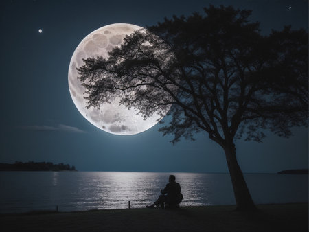 a person sitting under a tree under a full moon, full moon background, beautiful moon lightの素材