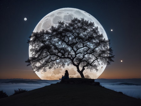 a person sitting under a tree under a full moon, full moon background, beautiful moon lightの素材