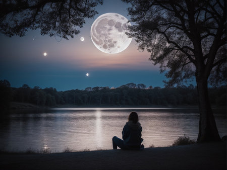 a person sitting under a tree under a full moon, full moon background, beautiful moon lightの素材