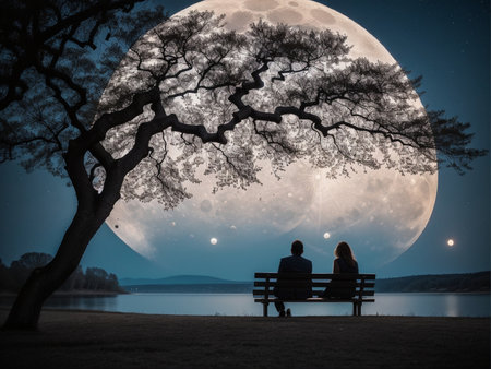 a person sitting under a tree under a full moon, full moon background, beautiful moon lightの素材