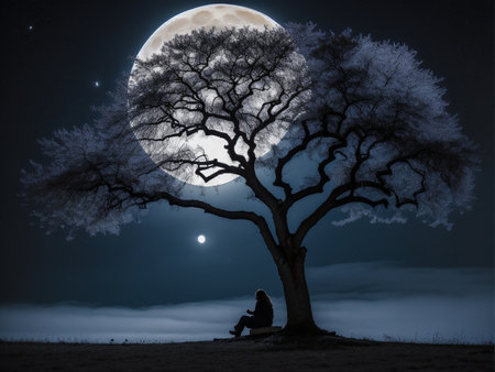 a person sitting under a tree under a full moon, full moon background, beautiful moon lightの素材