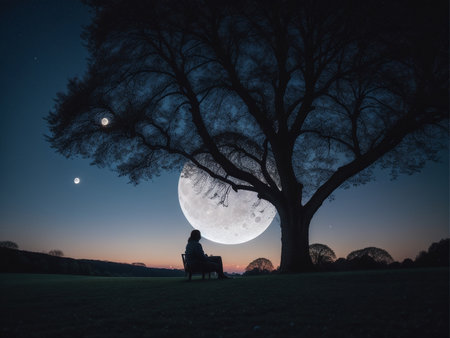 a person sitting under a tree under a full moon, full moon background, beautiful moon lightの素材