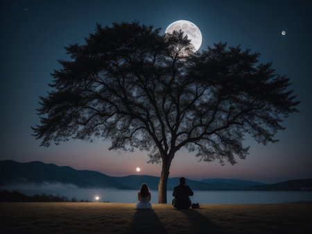 a person sitting under a tree under a full moon, full moon background, beautiful moon lightの素材