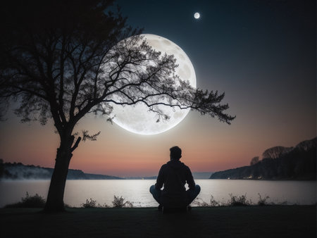 a person sitting under a tree under a full moon, full moon background, beautiful moon lightの素材
