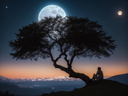 a person sitting under a tree under a full moon, full moon background, beautiful moon lightの素材