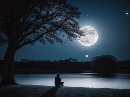 a person sitting under a tree under a full moon, full moon background, beautiful moon lightの素材