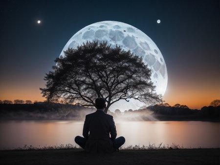 a person sitting under a tree under a full moon, full moon background, beautiful moon lightの素材