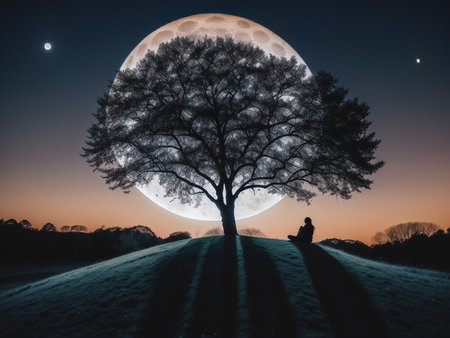 a person sitting under a tree under a full moon, full moon background, beautiful moon lightの素材