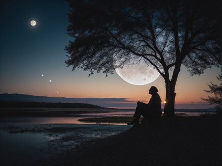 a person sitting under a tree under a full moon, full moon background, beautiful moon lightの素材