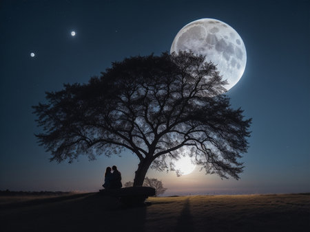 a person sitting under a tree under a full moon, full moon background, beautiful moon lightの素材