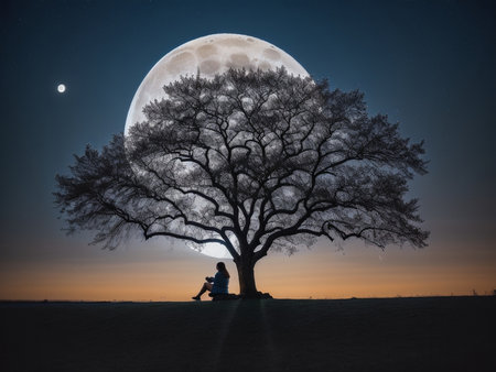 a person sitting under a tree under a full moon, full moon background, beautiful moon lightの素材