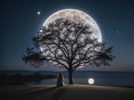 a person sitting under a tree under a full moon, full moon background, beautiful moon lightの素材