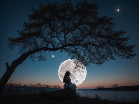 a person sitting under a tree under a full moon, full moon background, beautiful moon lightの素材