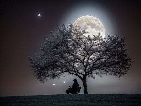 a person sitting under a tree under a full moon, full moon background, beautiful moon lightの素材