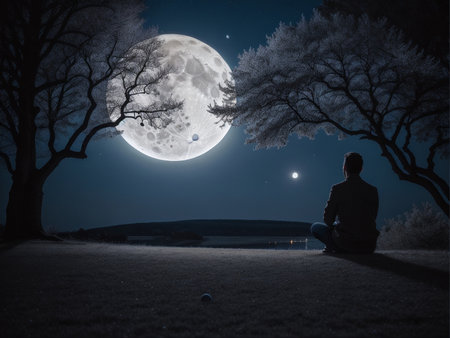 a person sitting under a tree under a full moon, full moon background, beautiful moon lightの素材