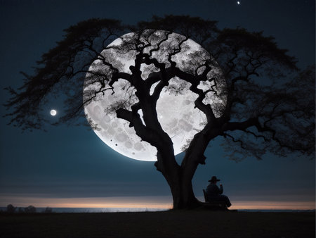 a person sitting under a tree under a full moon, full moon background, beautiful moon lightの素材