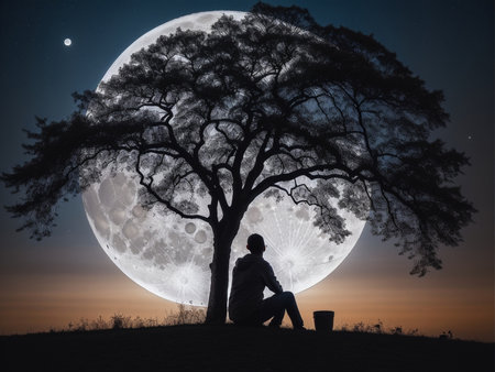 a person sitting under a tree under a full moon, full moon background, beautiful moon lightの素材