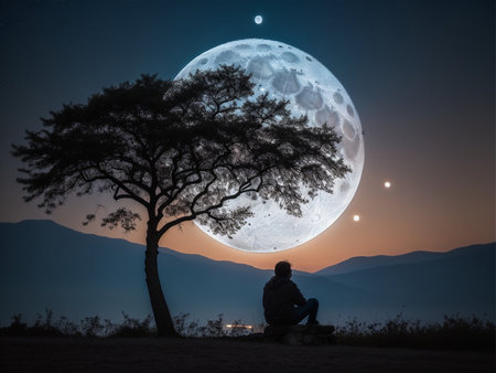 a person sitting under a tree under a full moon, full moon background, beautiful moon lightの素材