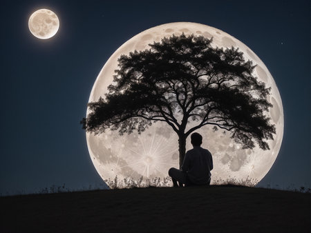 a person sitting under a tree under a full moon, full moon background, beautiful moon lightの素材