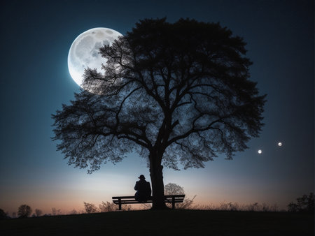 a person sitting under a tree under a full moon, full moon background, beautiful moon lightの素材