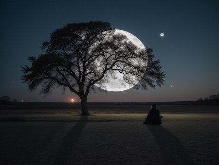 a person sitting under a tree under a full moon, full moon background, beautiful moon lightの素材