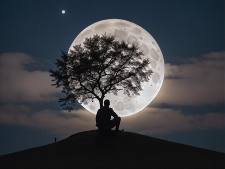 a person sitting under a tree under a full moon, full moon background, beautiful moon lightの素材