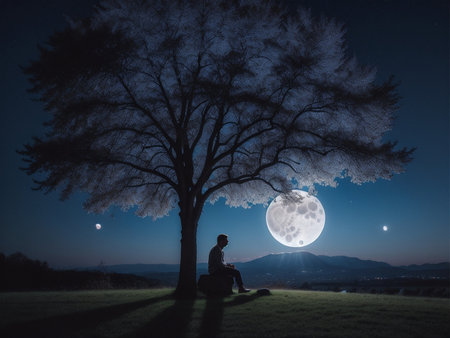 a person sitting under a tree under a full moon, full moon background, beautiful moon lightの素材