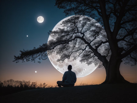 a person sitting under a tree under a full moon, full moon background, beautiful moon lightの素材
