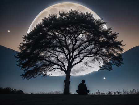 a person sitting under a tree under a full moon, full moon background, beautiful moon lightの素材