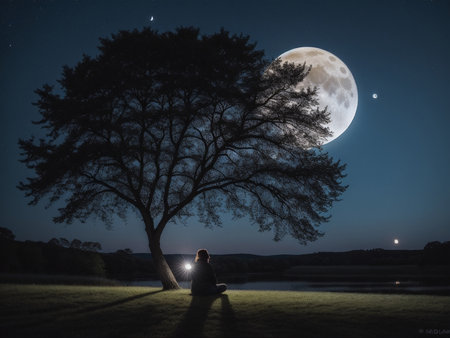 a person sitting under a tree under a full moon, full moon background, beautiful moon lightの素材