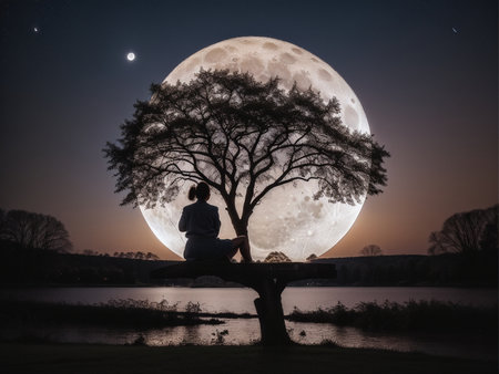 a person sitting under a tree under a full moon, full moon background, beautiful moon lightの素材