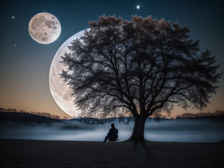 a person sitting under a tree under a full moon, full moon background, beautiful moon lightの素材