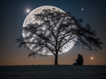 a person sitting under a tree under a full moon, full moon background, beautiful moon lightの素材