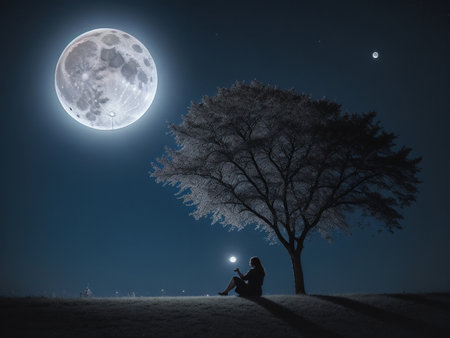 a person sitting under a tree under a full moon, full moon background, beautiful moon lightの素材