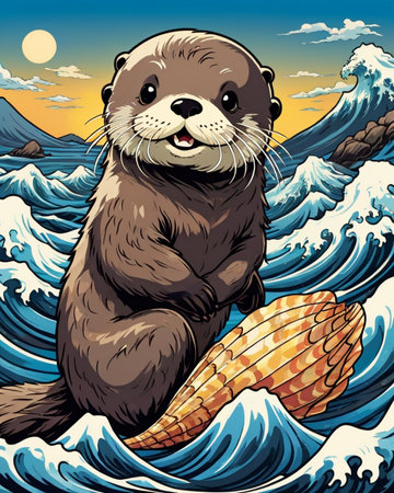 a playful and vibrant sea otter sticker inspired by the style of Japanese Ukiyo-e printsの素材