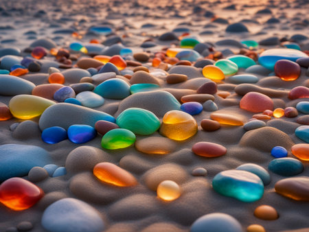 a rainbow of rocks on the beach at sunset, which shows a beach at sunsetの素材