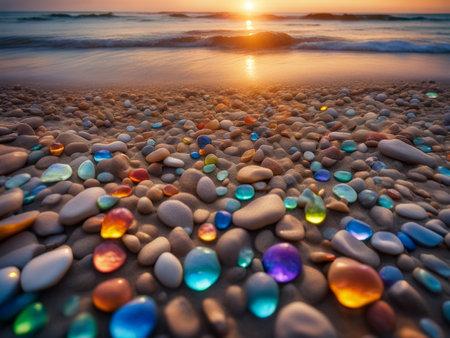 a rainbow of rocks on the beach at sunset, which shows a beach at sunsetの素材