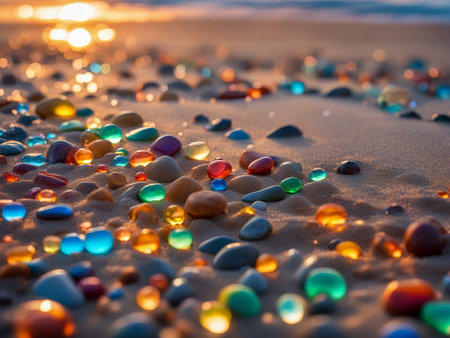 a rainbow of rocks on the beach at sunset, which shows a beach at sunsetの素材