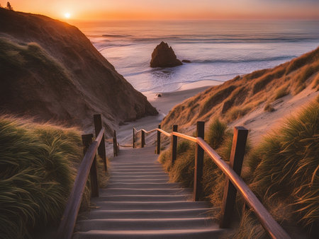 a set of stairs leading down to the beach, which shows a beach at sunset, gorgeous romantic sunsetの素材