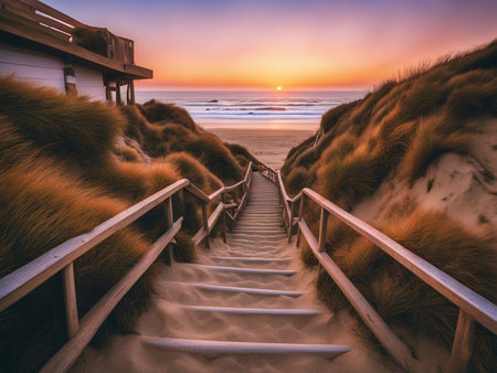 a set of stairs leading down to the beach, which shows a beach at sunset, gorgeous romantic sunsetの素材