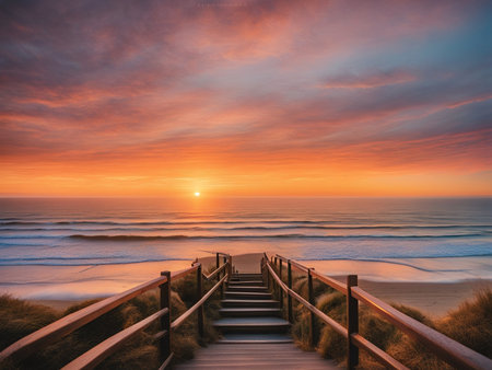 a set of stairs leading down to the beach, which shows a beach at sunset, gorgeous romantic sunsetの素材