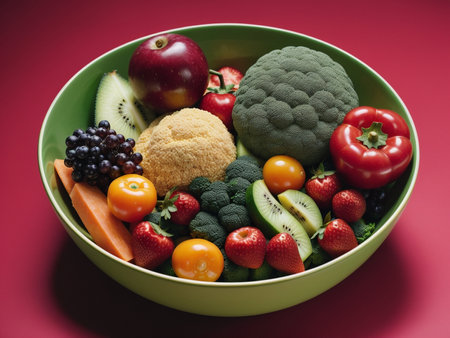 a variety of fruits and vegetables in bowls, food focus, health, food photographyの素材