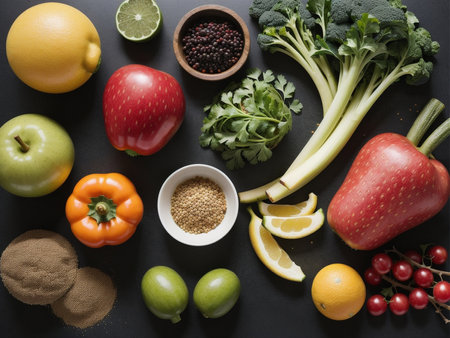 a variety of fruits and vegetables in bowls, food focus, health, food photographyの素材
