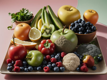a variety of fruits and vegetables in bowls, food focus, health, food photographyの素材