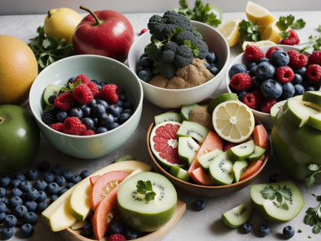 a variety of fruits and vegetables in bowls, food focus, health, food photographyの素材