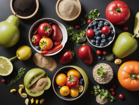 a variety of fruits and vegetables in bowls, food focus, health, food photographyの素材