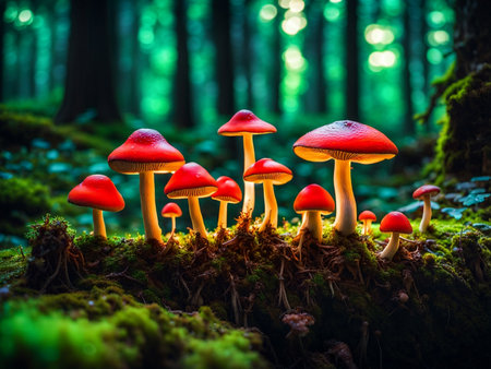 close up shot mushrooms in the forest grass autumnの素材