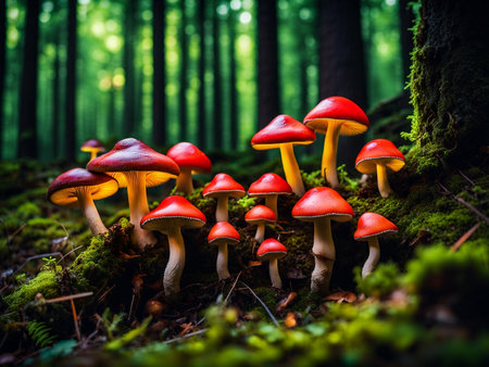 close up shot mushrooms in the forest grass autumnの素材