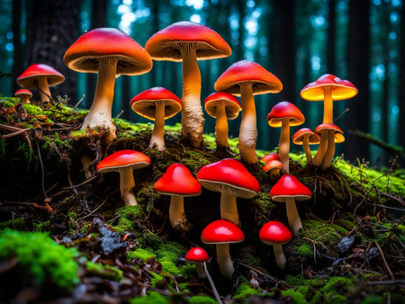 close up shot mushrooms in the forest grass autumnの素材